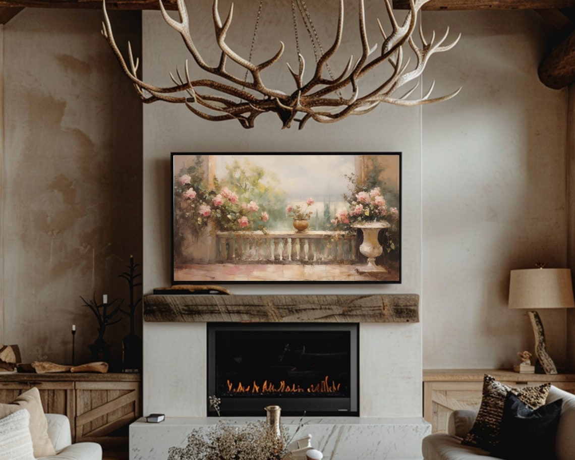French Balcony Frame Tv Art Of Roses Art For Travel Lovers Of Summer Mood France Tv Frame Art Roses Oil Painting Screensaver - Image 2