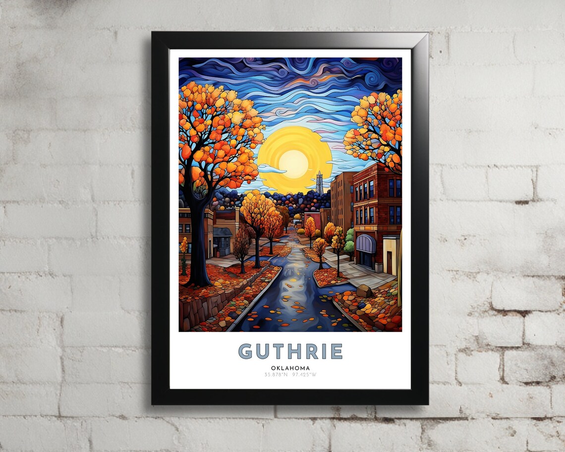 Guthrie Oklahoma Autumn Street Sunset Swirling Sky Travel Poster