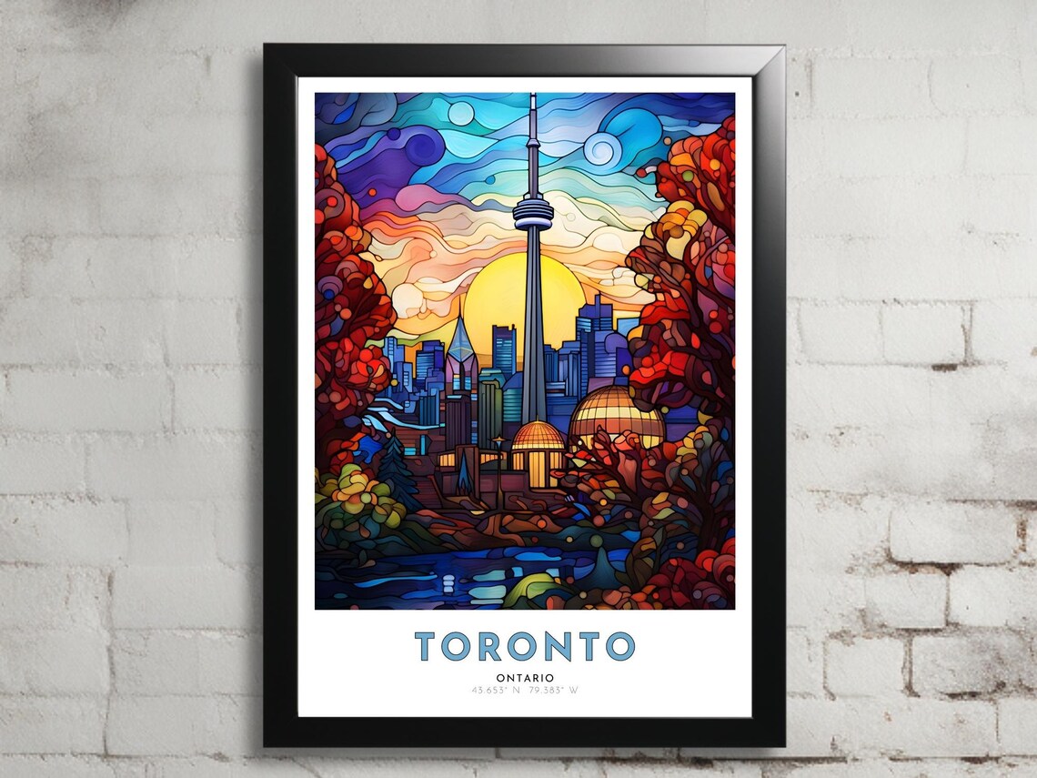 Toronto Ontario Vivid Skyline CN Tower Sunset Autumn Trees Poster