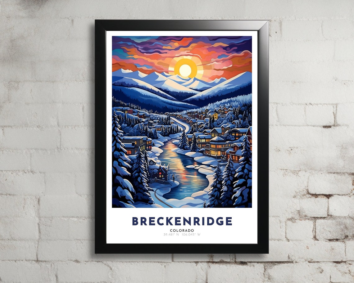 Breckenridge Colorado Snow Village River Sunset Travel Poster