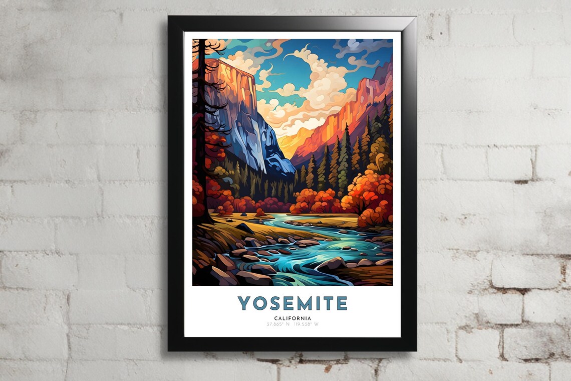 Yosemite California Valley Cliffs Autumn River Travel Poster