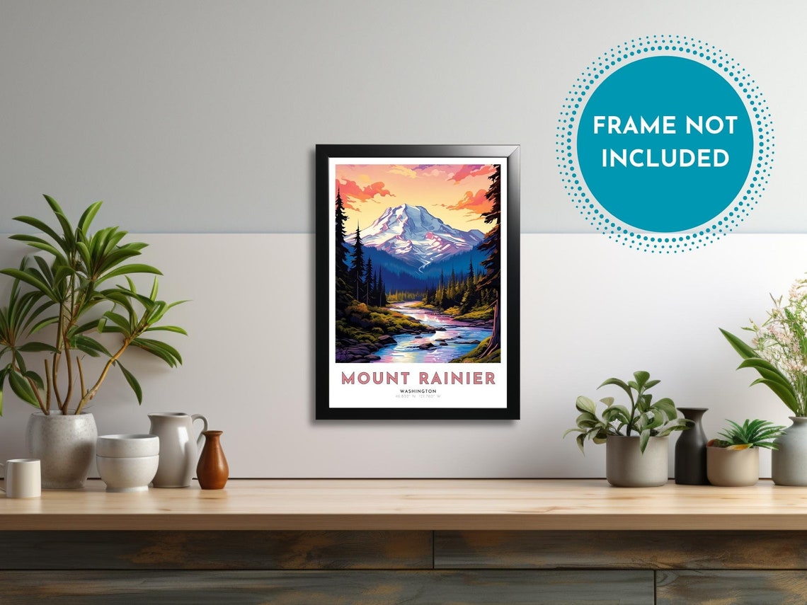 Mount Rainier Washington Snowy Peak River Pine Forest Poster - Image 2