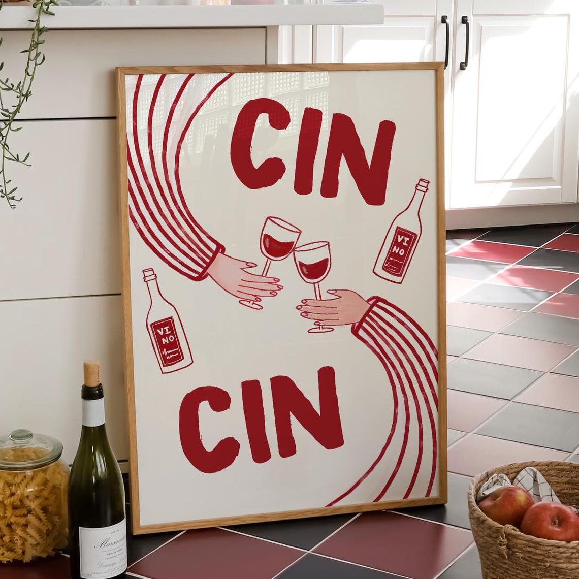 Cin Cin Wine Glasses Red Italian Toast Bar Cart Kitchen Poster