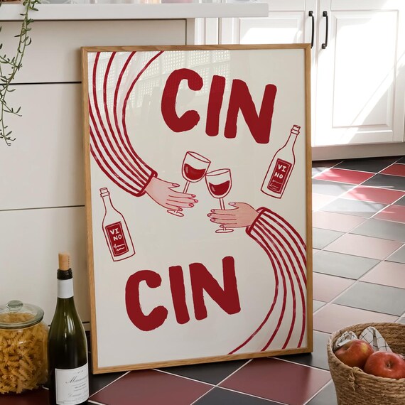 Cin Cin Wine Glasses Red Italian Toast Bar Cart Kitchen Poster