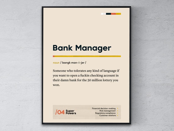 Bank Manager Definition Poster Banking Administrator Coworker Wall Art Funny Modern Office Gift Branch Graduation Print