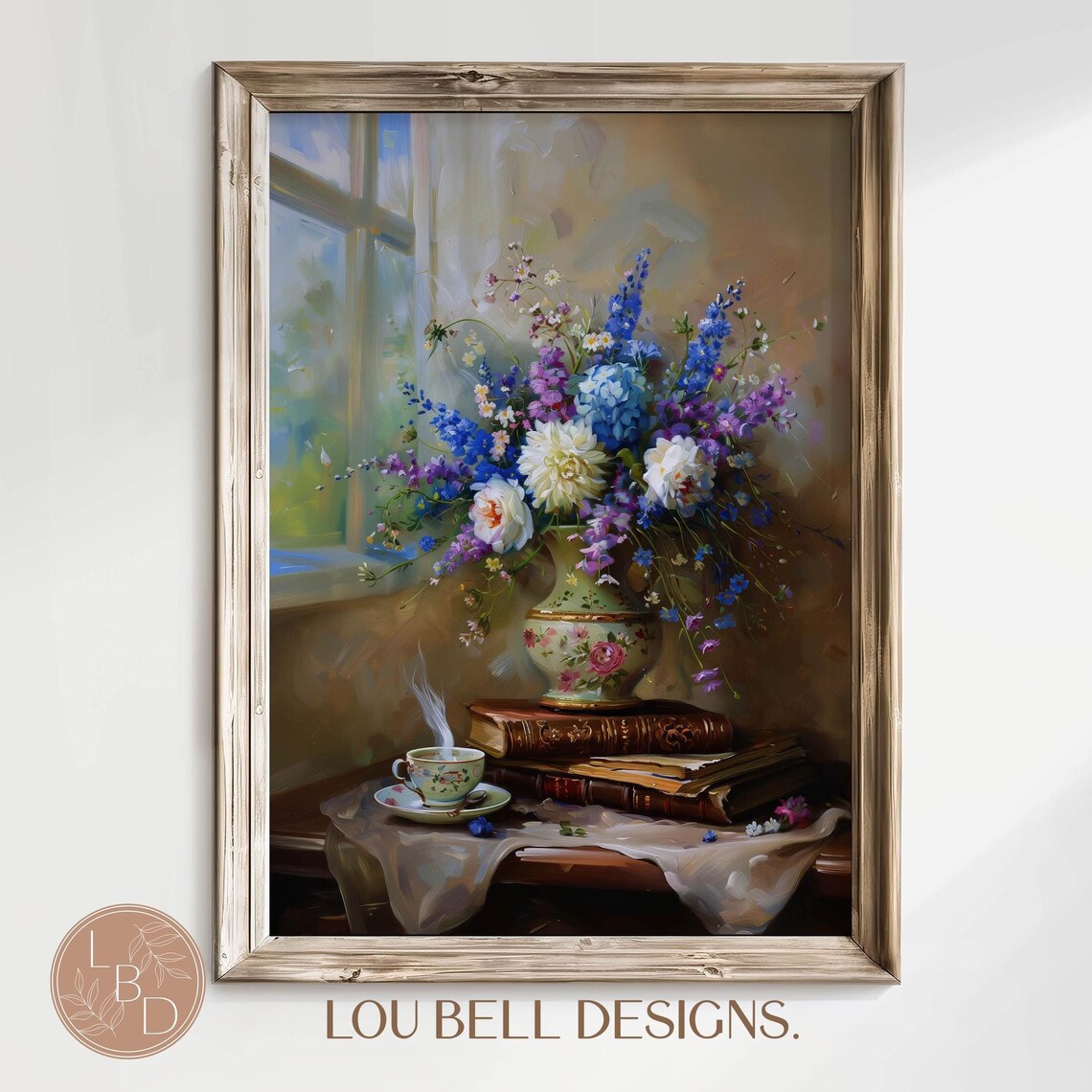 Vintage Hydrangea Bouquet Books Teacup Light Academia Art Print - Image 8