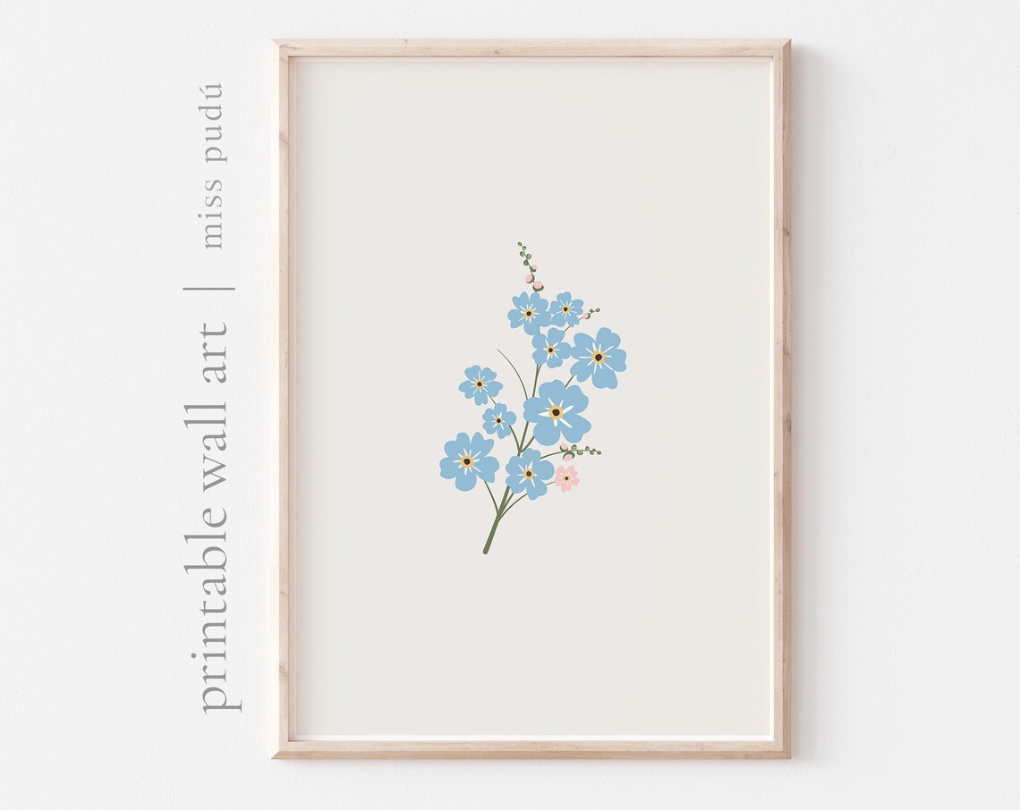 Forget Me Not Blue Flower Botanical Illustration Poster on Cream