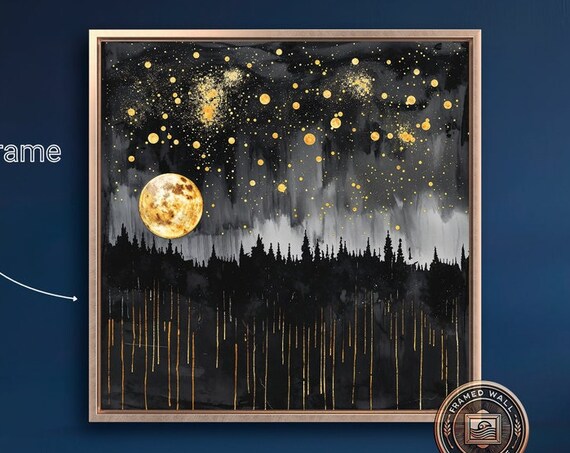 Mystical Moonlight Forest Framed Wall Art Abstract Night Sky Painting Print Celestial Wall Decor Moon And Stars Poster Ready To Hang