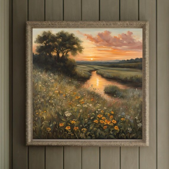 Fall Wildflower Wall Art Vintage Cottage Garden Decor Farmhouse Oil Painting Moody Kitchen Art Print Cottagecore Vintage Sunrise Landscape