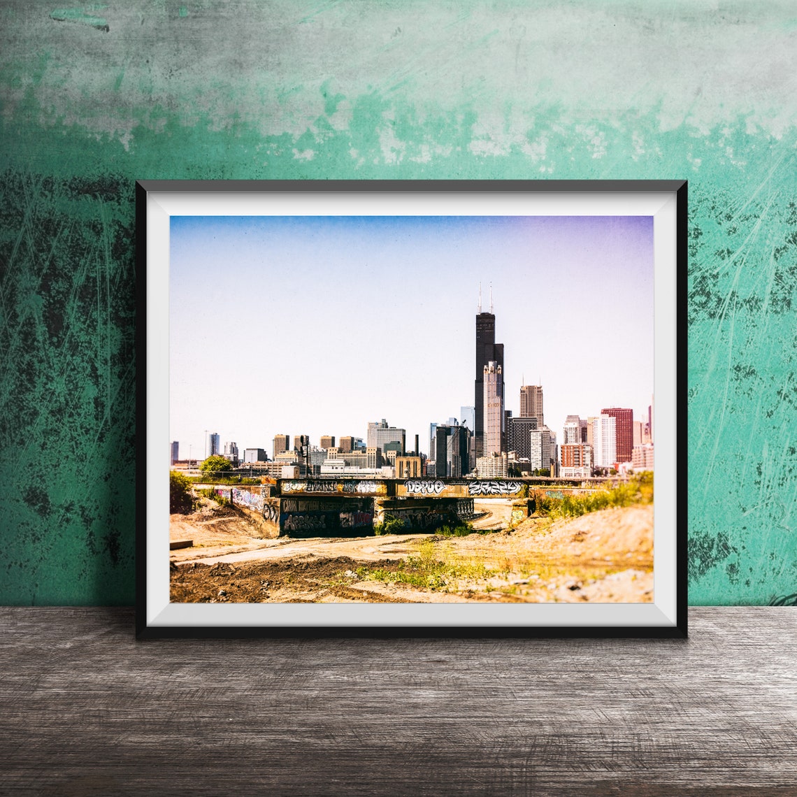 Chicago Skyline With Graffiti Railroad Bridge Urban View Poster