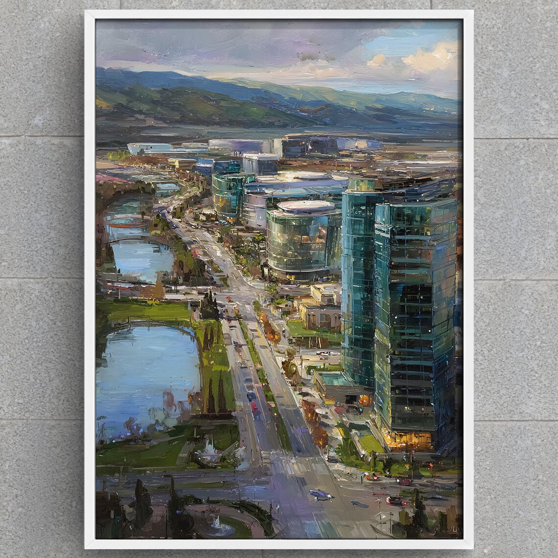 Modern Glass Skyscraper City Skyline Lake Office Wall Decor Poster
