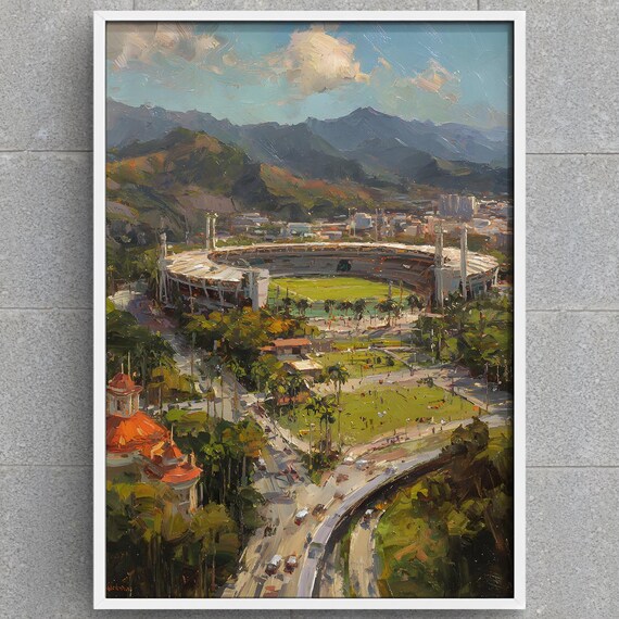 Grand Football Stadium in Tropical City with Mountains Sports Poster