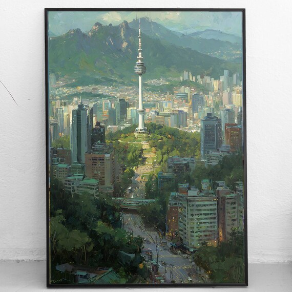 Seoul Tower Art Print South Korea Cityscape Namsan View Wall Decor Oil Painting Style