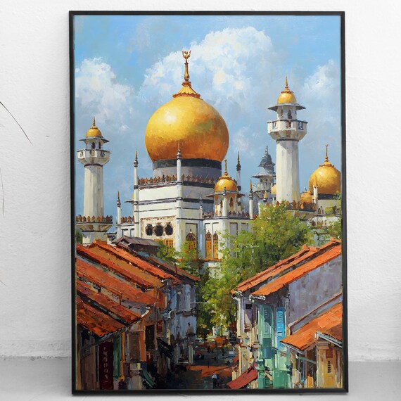 Sultan Mosque Singapore Painting Kampong Glam City Art Golden Dome Minaret Print Historic Malay Quarter Decor