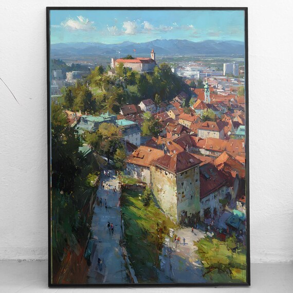 Ljubljana Slovenia Print Castle View Old Town Wall Art European Cityscape Painting Red Roofs Travel Poster