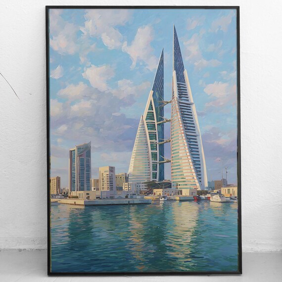 Bahrain World Trade Center Art Print Manama Cityscape Middle East Travel Wall Decor Oil Painting Style