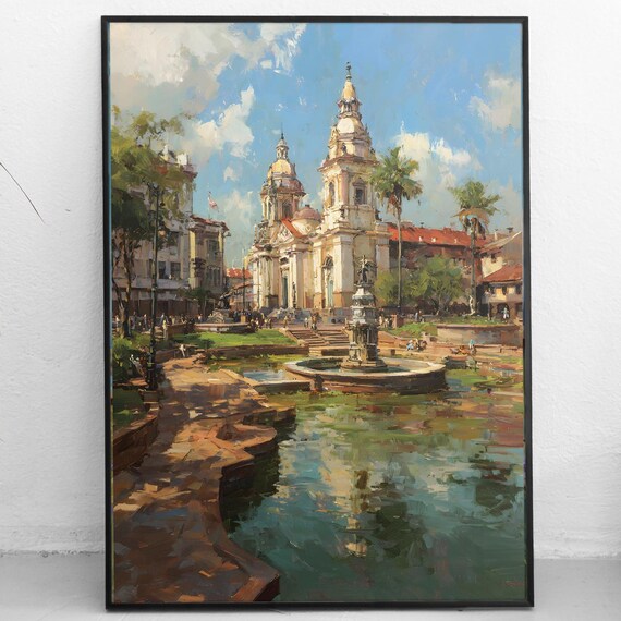 Paraguay Grand Square Art Print Asuncin Cityscape Wall Decor Colonial Fountain Painting Instant South America
