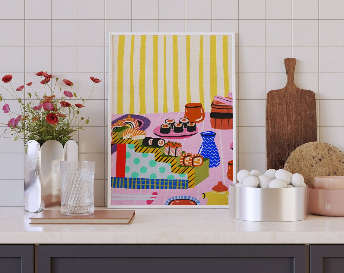 Colorful Sushi Illustration Poster Japanese Food Kitchen Decor