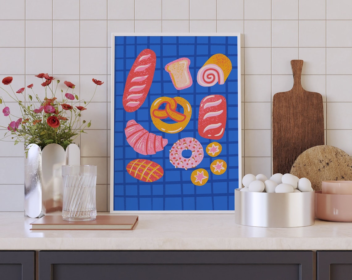 Bakery Bread Kitchen Print, Colorful Food Art