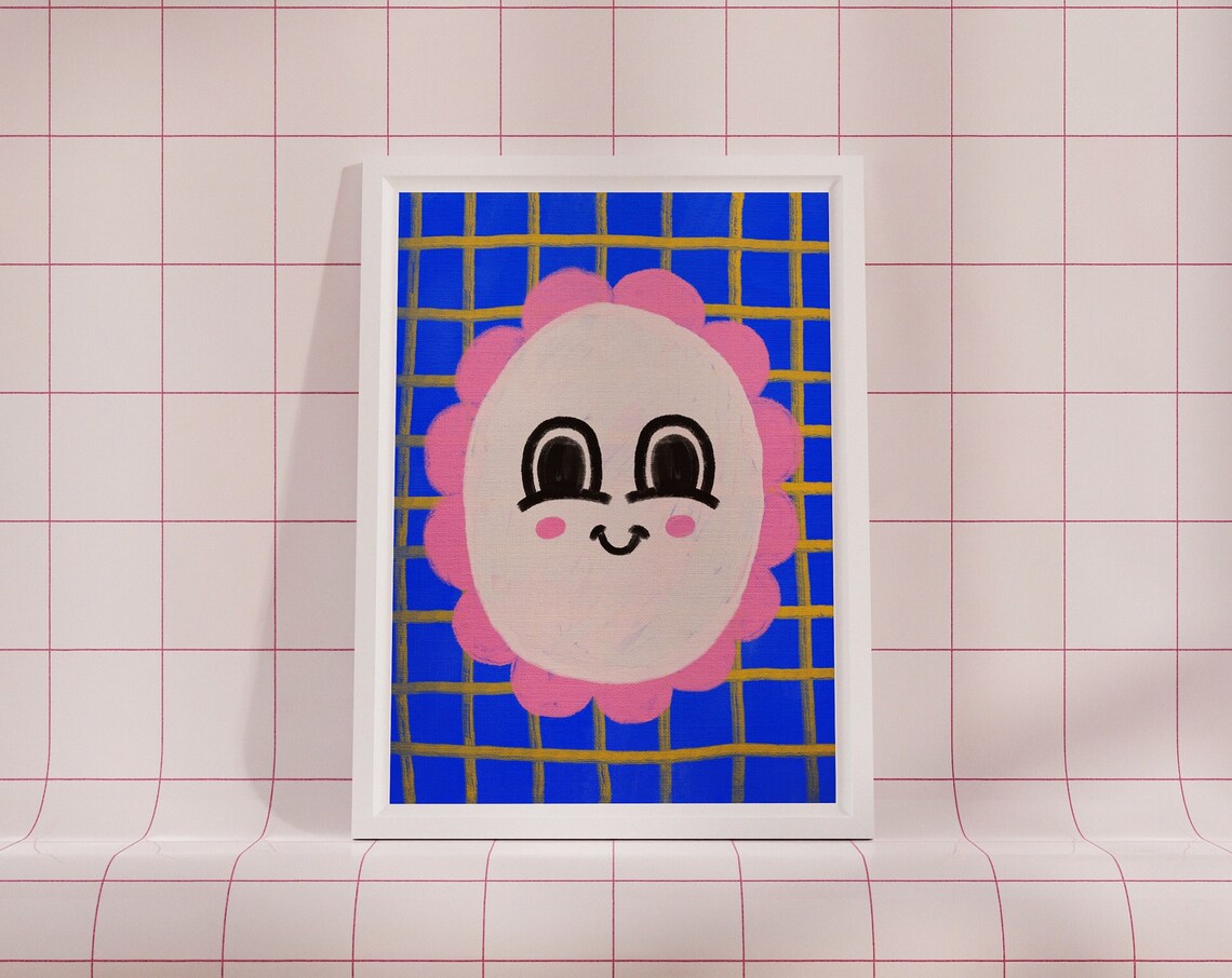 Happy Smiling Daisy Flower Face Kawaii Blue Grid Kids Room Poster