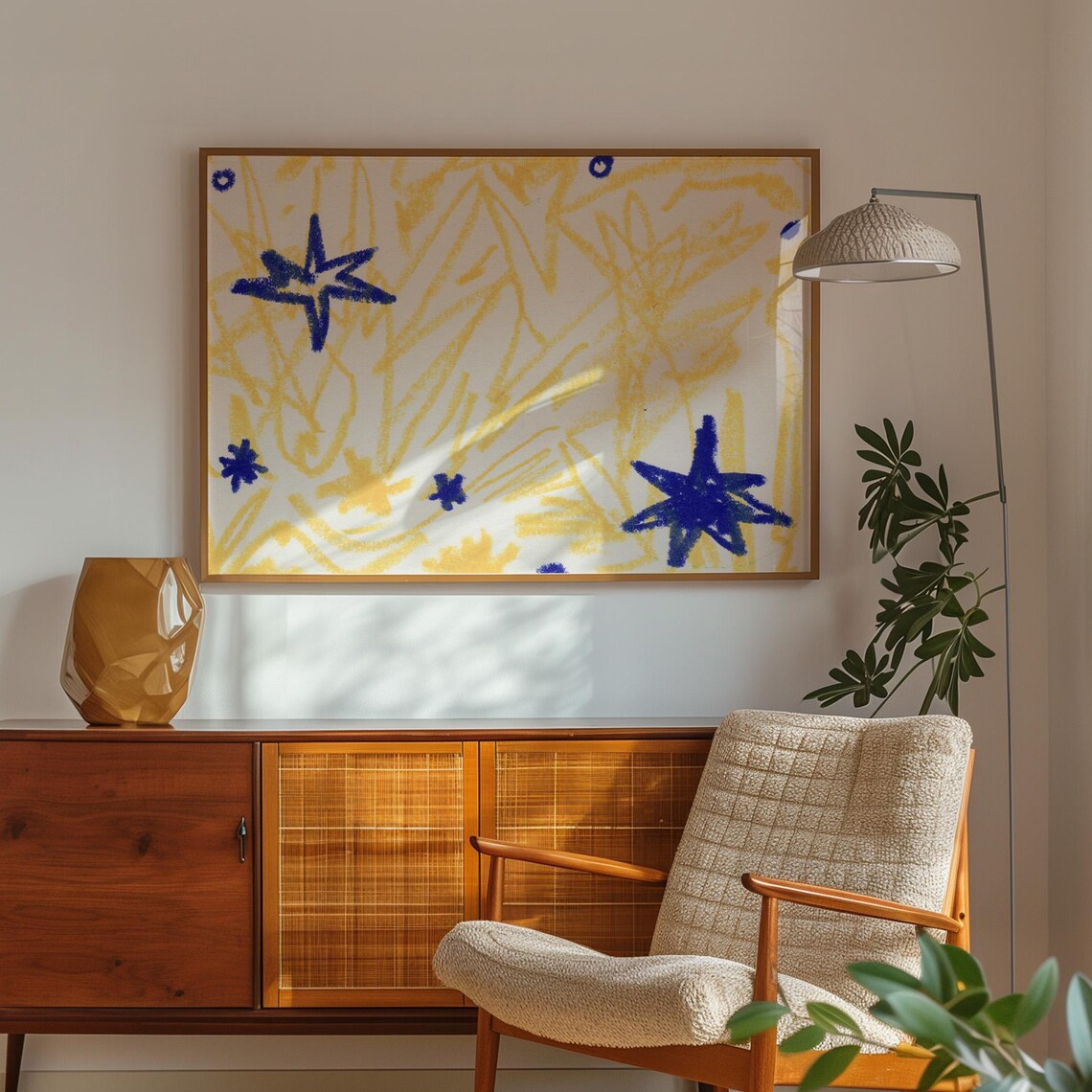 Celestial Blue Star Doodles On Sunny Yellow Abstract Art Print