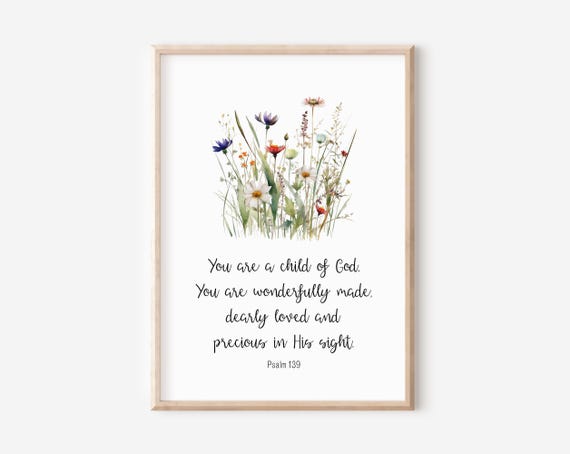 Psalm 139 You Are A Child Of God Bible Verse Wall Art Baby Girl Nursery Christian Decor Scripture Print Watercolor Wildflowers