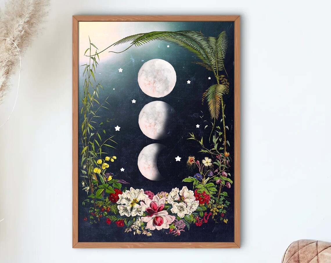 Floral Moon Phases Art Print, Boho Celestial