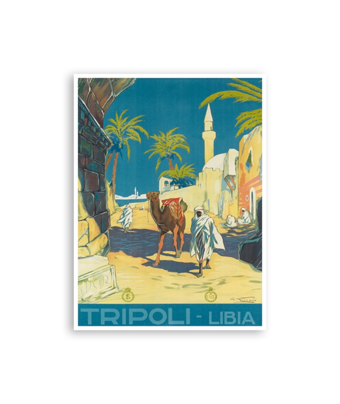 Tripoli Libya Camel Old Town Minaret Desert Vintage Travel Poster