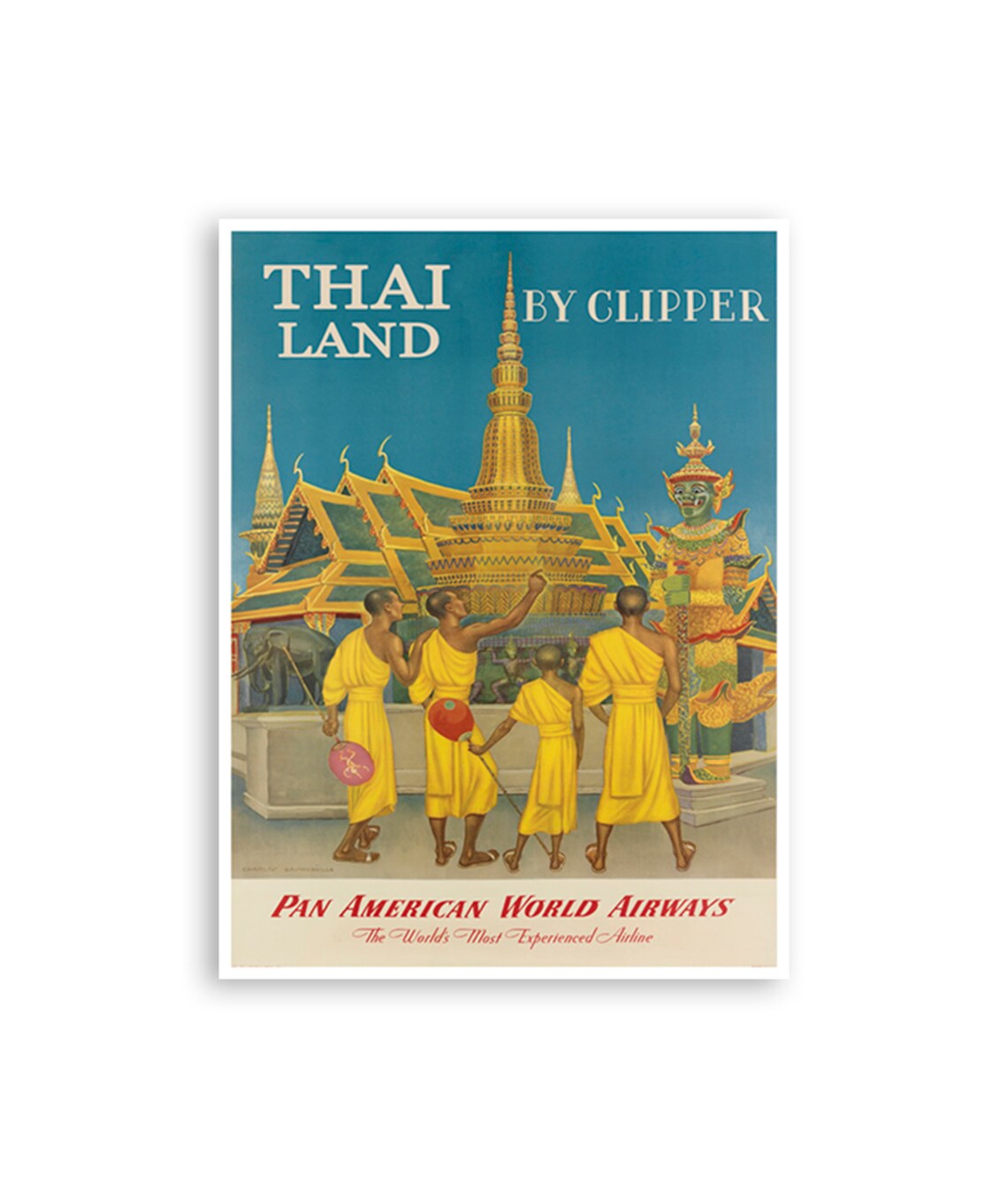 Thailand Vintage Travel Poster, Buddhist Monks Print