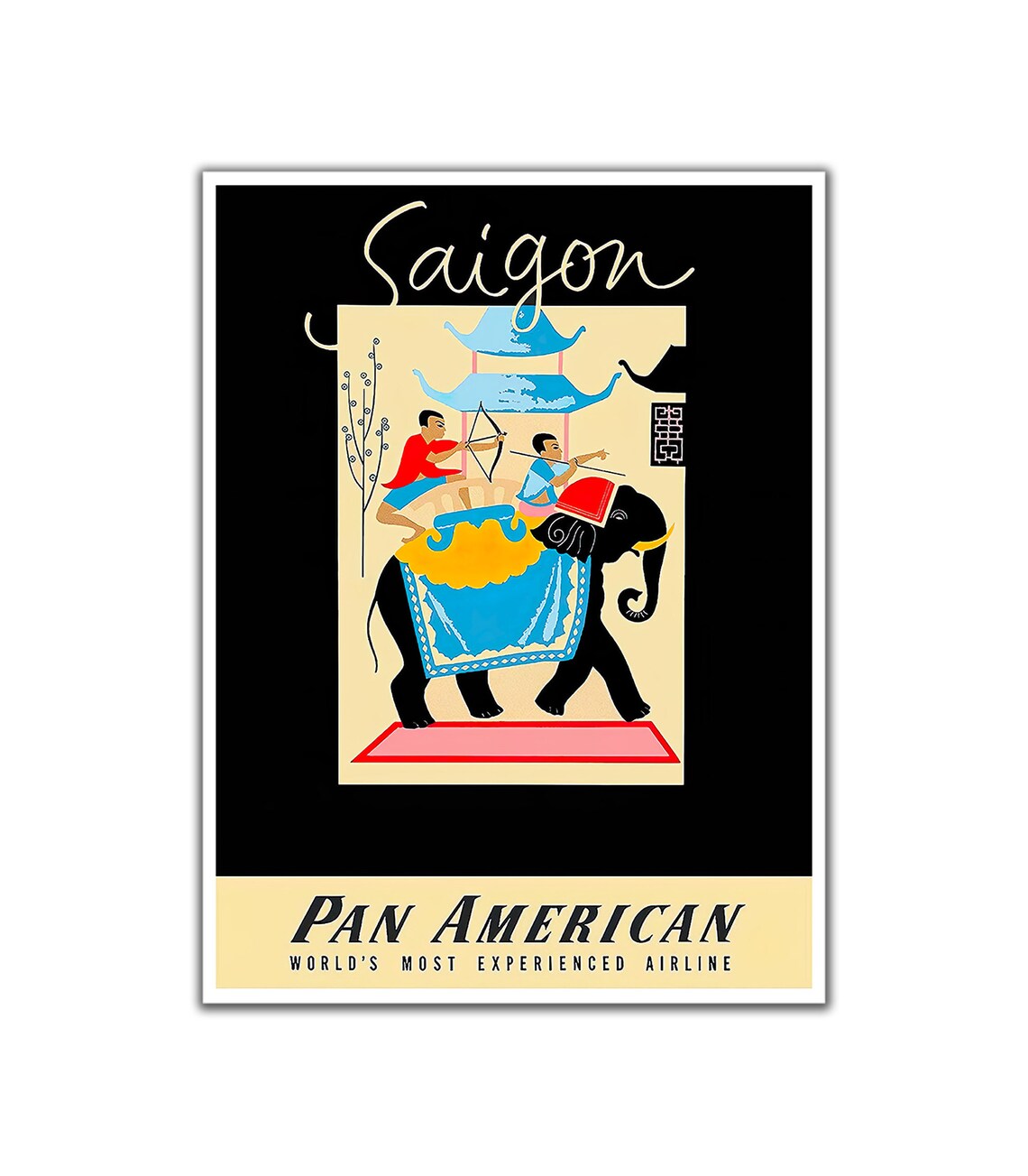Saigon Vietnam Vintage Elephant Pagoda Pan Am Airline Travel Poster