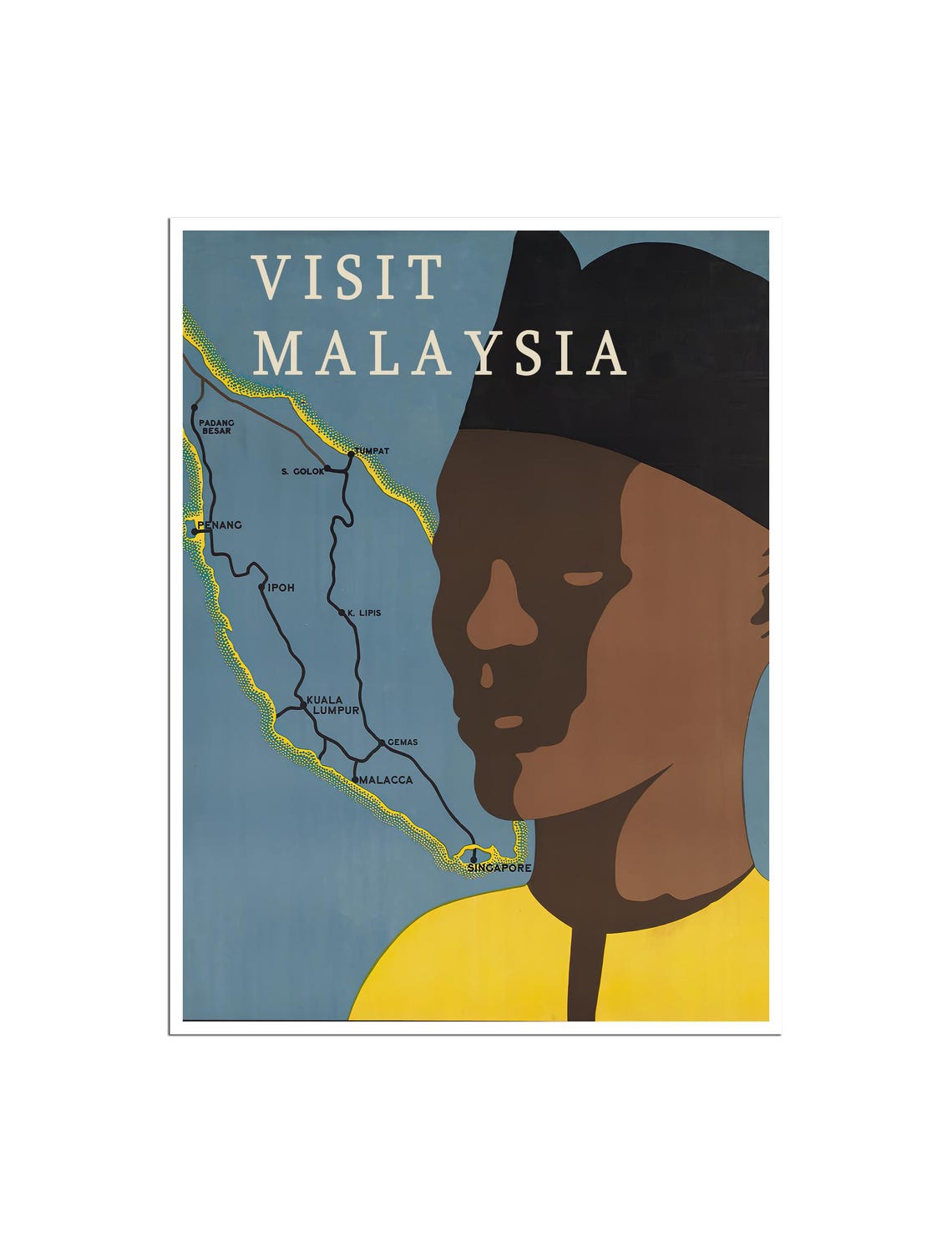 Visit Malaysia Railway Map Songkok Portrait Vintage Travel Poster