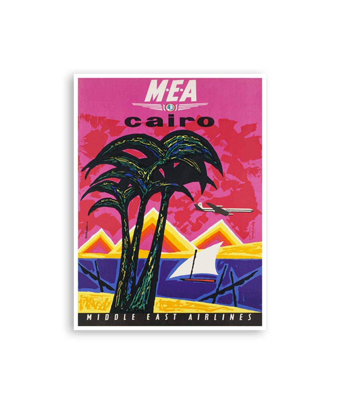 Cairo Egypt Vintage MEA Airline Pyramids Palm Sails Art Poster