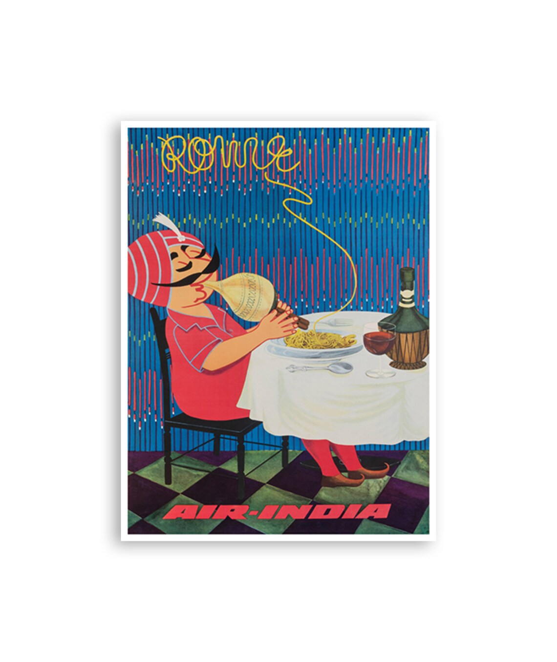 Rome Air India Vintage Airline Spaghetti Dinner Humor Travel Poster