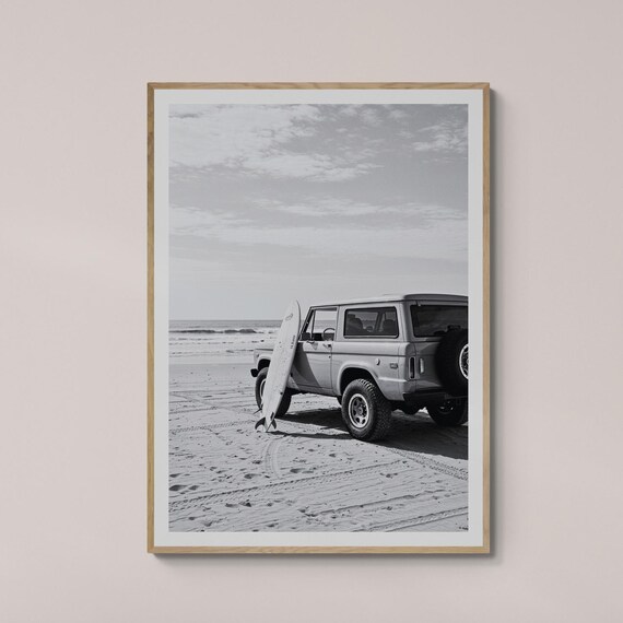Vintage Ford Bronco Surfboard Beach Black White Photo Poster