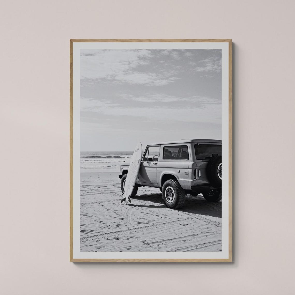 Vintage Ford Bronco Surfboard Beach Black White Photo Poster