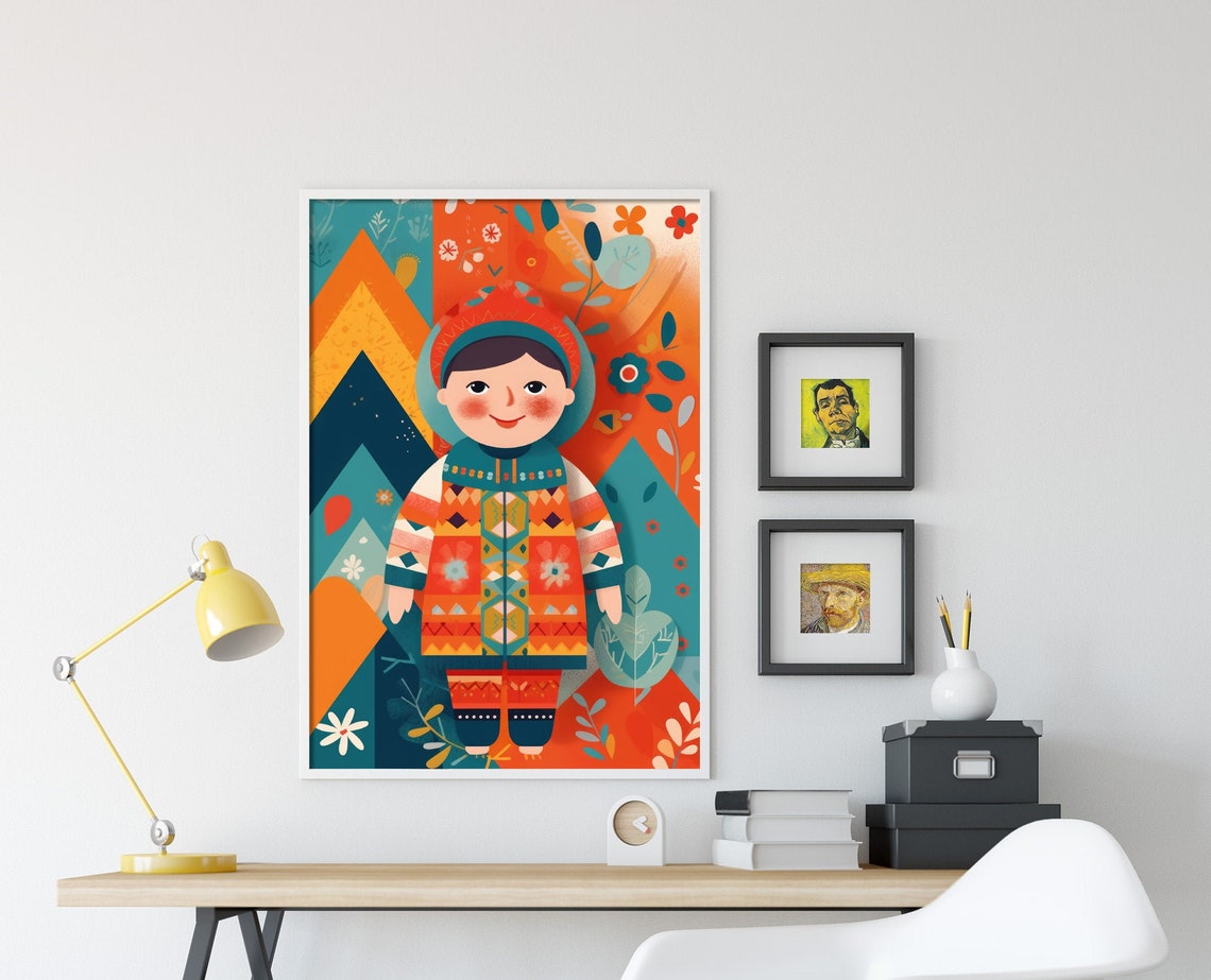 Smiling Boy in Colorful Patterned Folk Coat Illustration Poster - Image 4