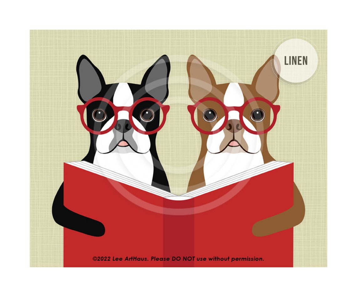 Two Boston Terriers Wearing Red Glasses Reading a Book Poster - Image 4