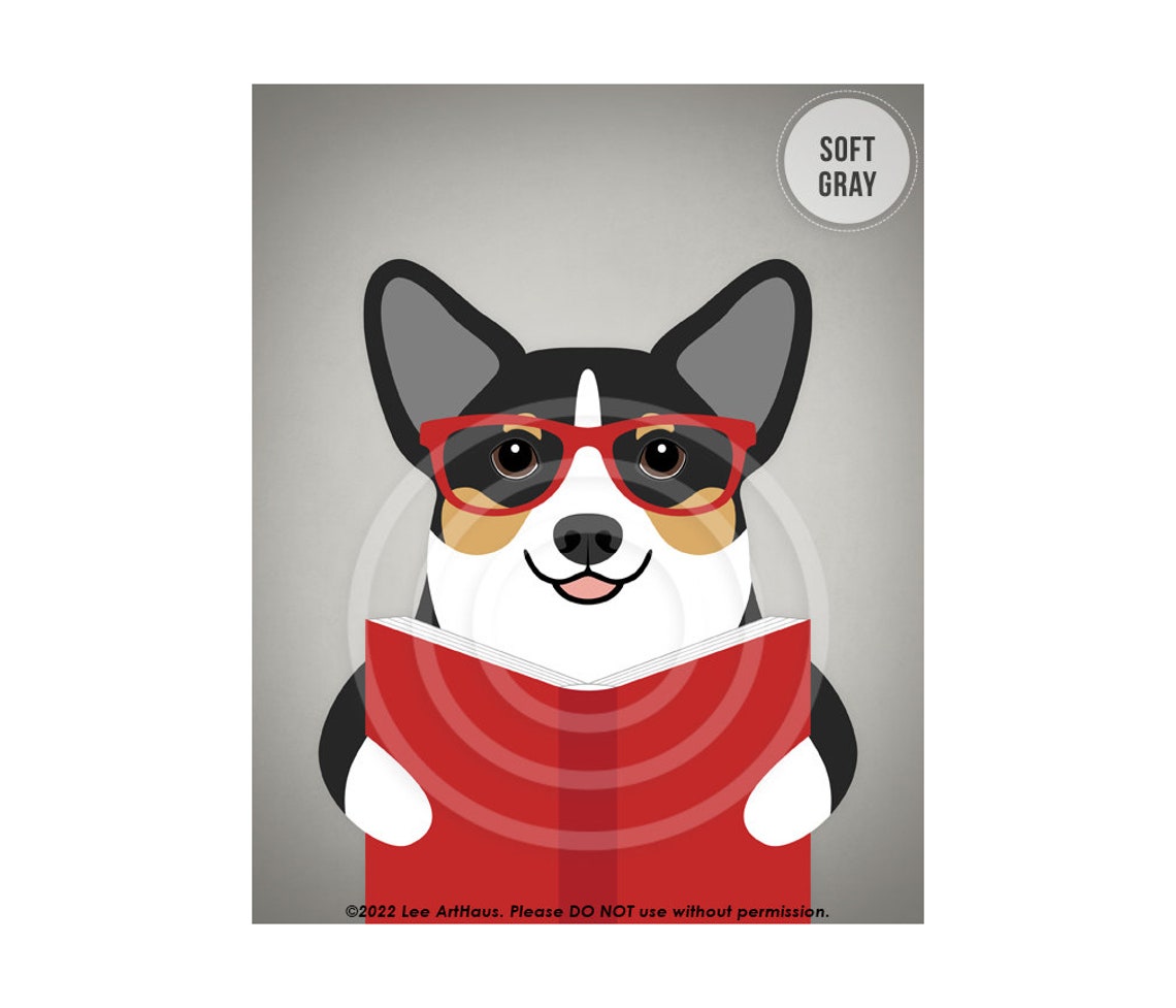 Tricolor Corgi Wearing Red Glasses Reading a Book Funny Poster - Image 3