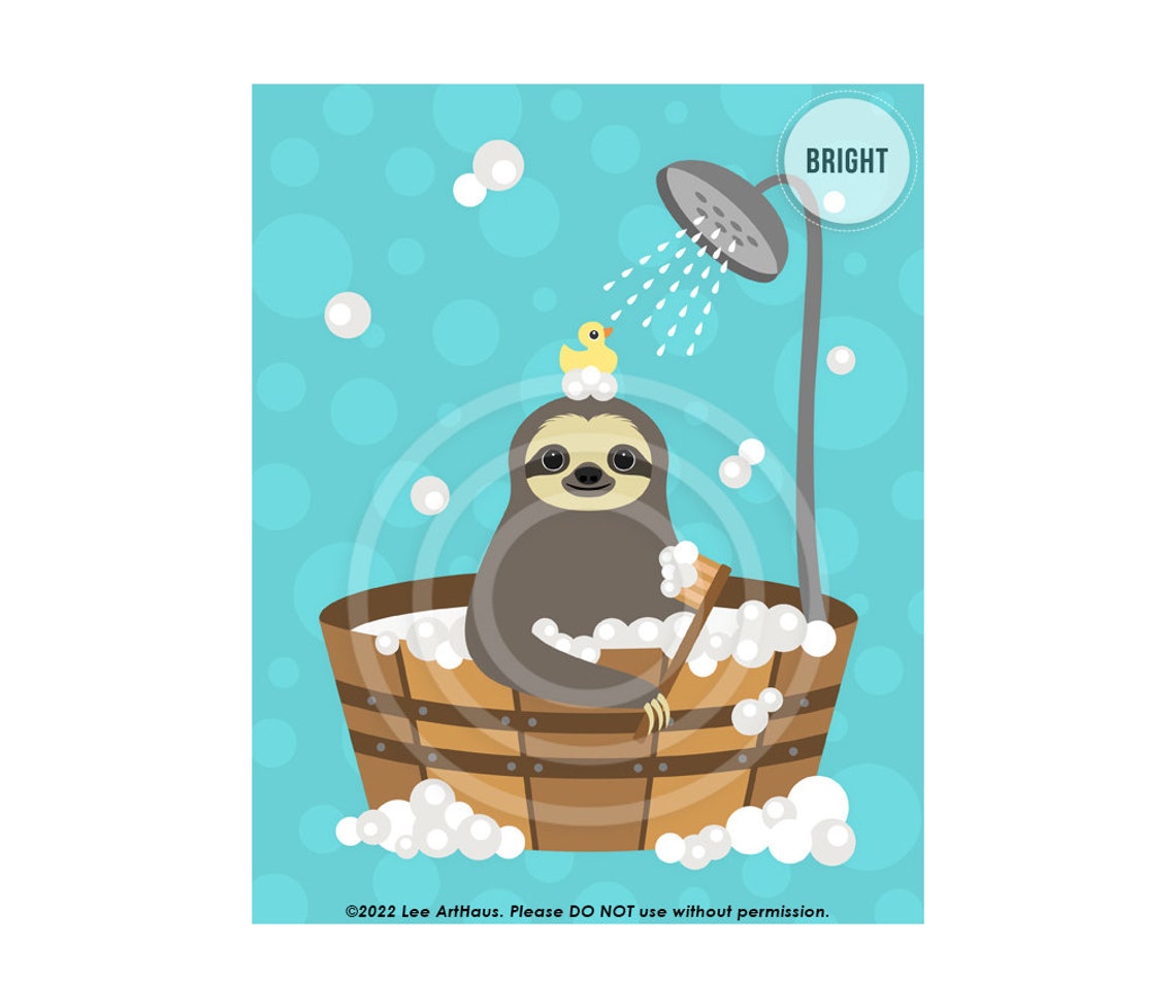 Sloth Relaxing Bubble Bath Wooden Tub Bright Teal Funny Wall Art