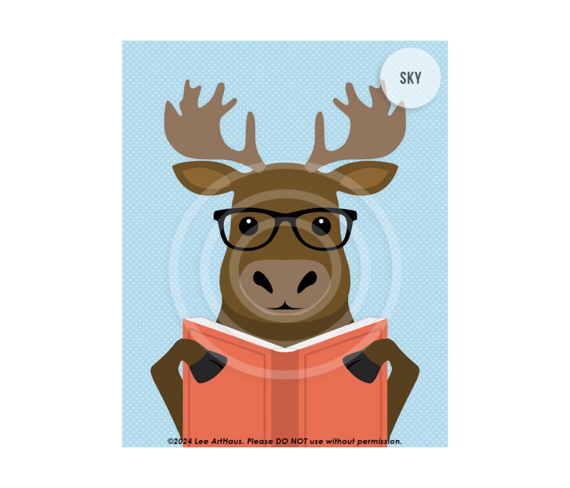 Cute Moose Reading Book With Glasses Aqua Woodland Animal Kids Room Poster - Image 3