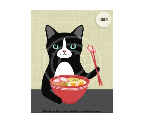 Black And White Cat Eating Ramen Bowl Cute Kitty Lover Kitchen Wall Poster