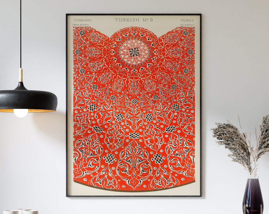 Turkish Ottoman Red Geometric Rug Pattern Decorative Art Poster - Image 3