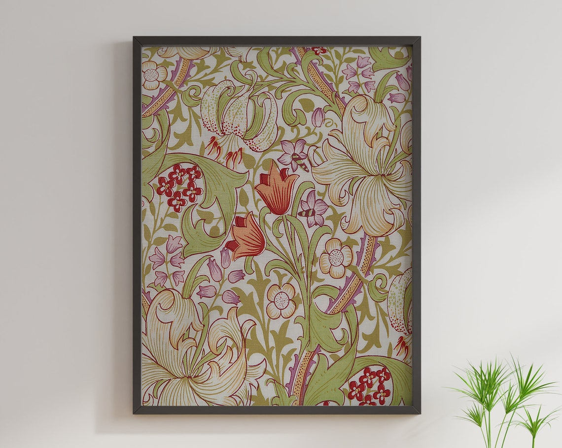 William Morris Style Floral Wallpaper Art Poster With Lily Design - Image 2
