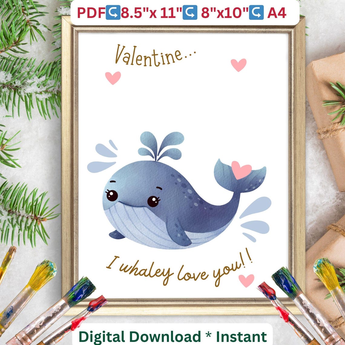 Valentine I Whaley Love You Cute Whale Handprint Craft Keepsake Poster - Image 2