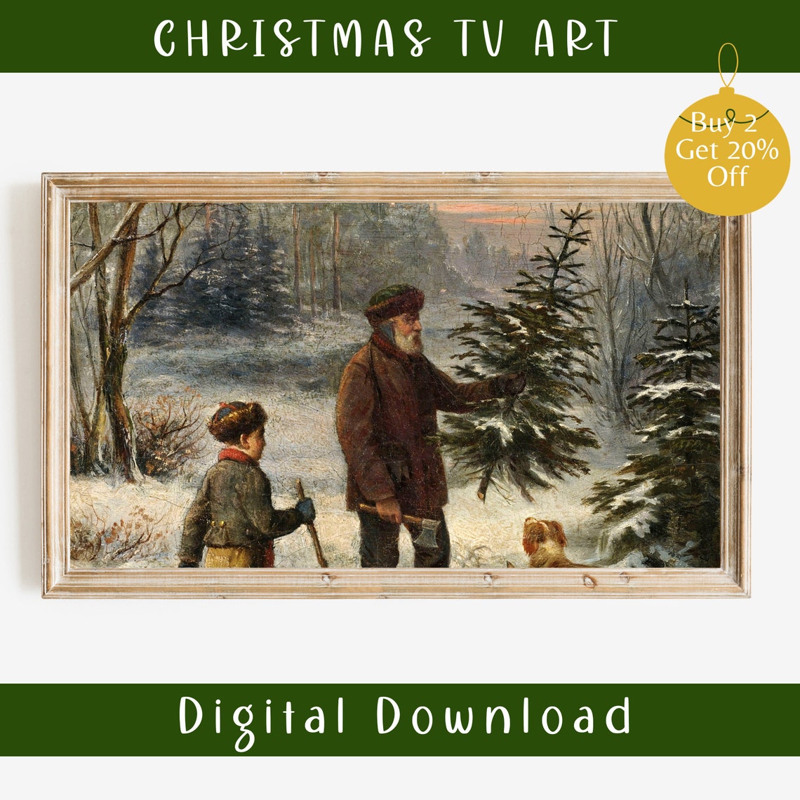 Vintage Painting Family Cutting Christmas Tree Snow Forest Frame Print - Image 2