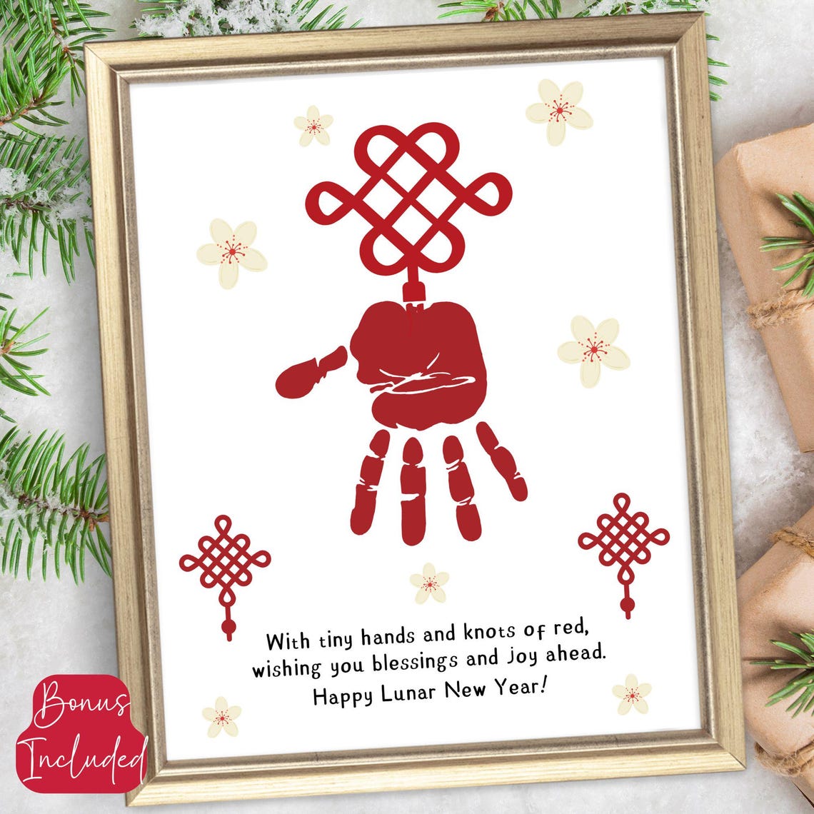 Happy Lunar New Year Red Knot Handprint Craft Blessing Keepsake Poster