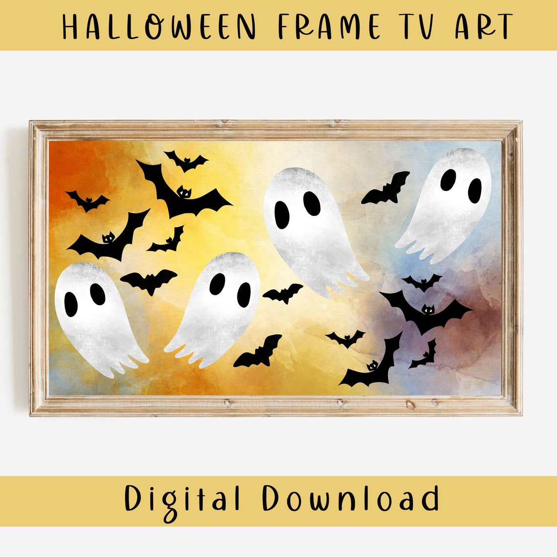 Halloween Frame TV Art Cute White Ghosts and Bats Watercolor Print - Image 2
