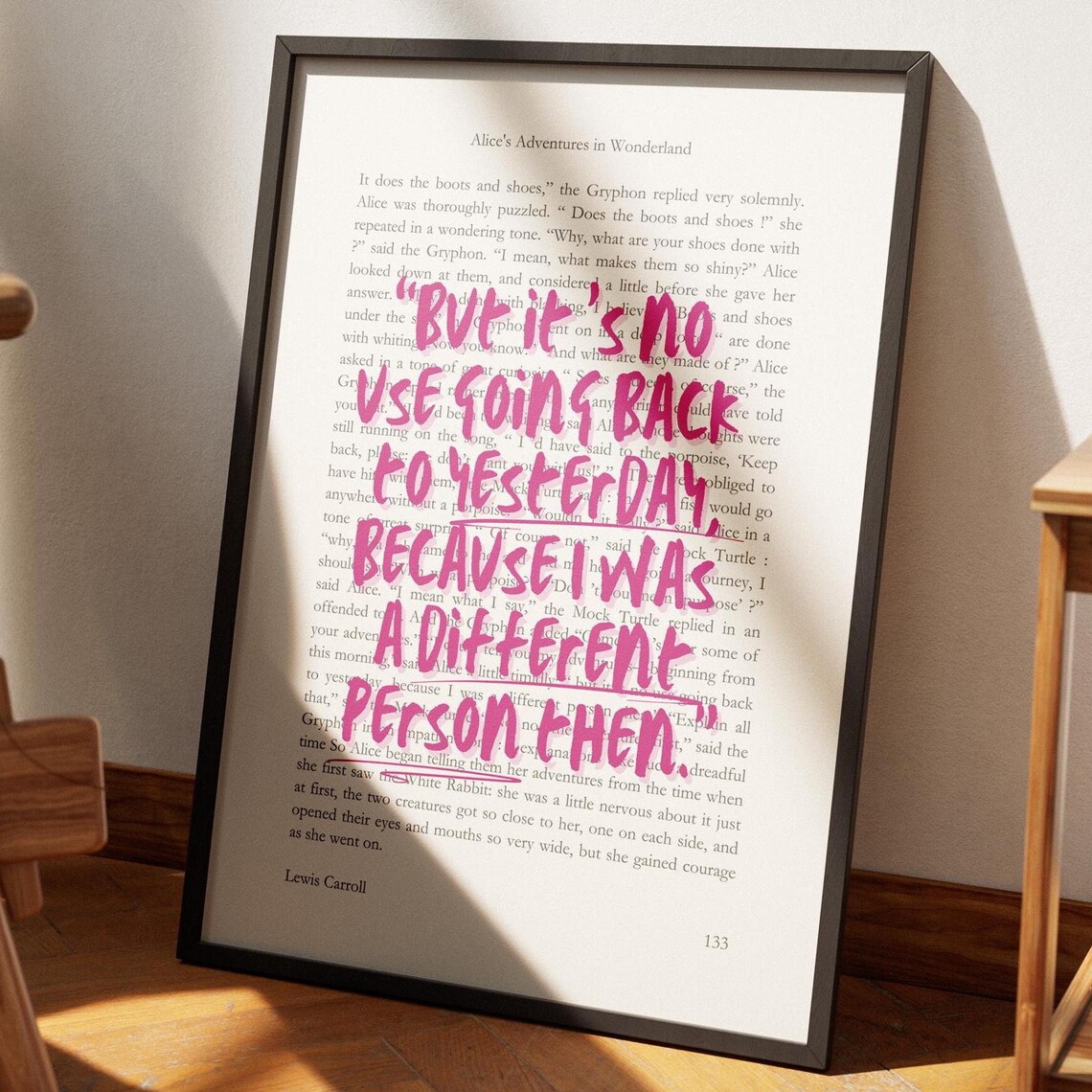 Alice In Wonderland No Use Going Back Quote Poster Pink Book Page