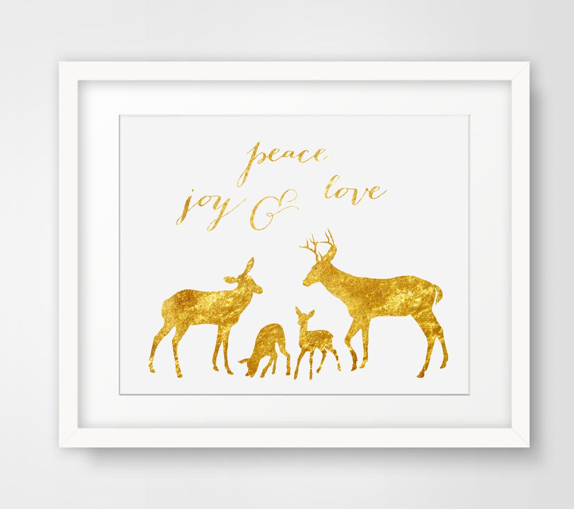 Peace Joy And Love Gold Glitter Deer Family Holiday Season Print