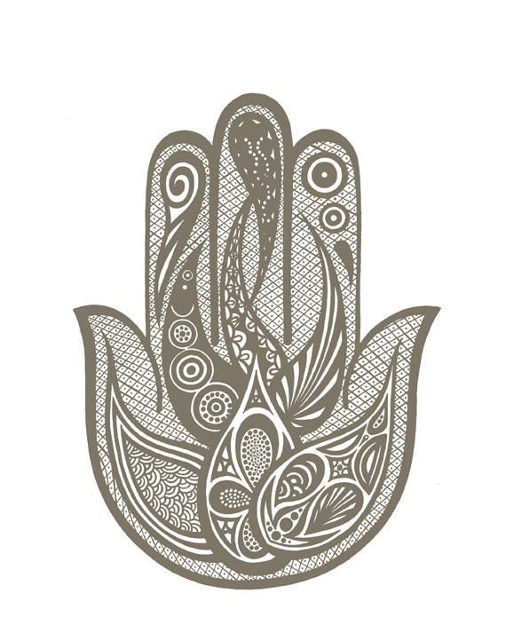 Hamsa Hand Print Modern Amulet Art Neutral Colors Grey Sand Pale Beige White Handdrawn Illustration Home Decor Zen Meditation Pray